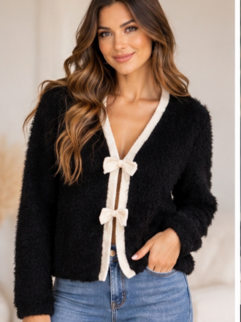 SHEIN Black & Cream Bow-Trim Cardigan Sweater - Women's size M